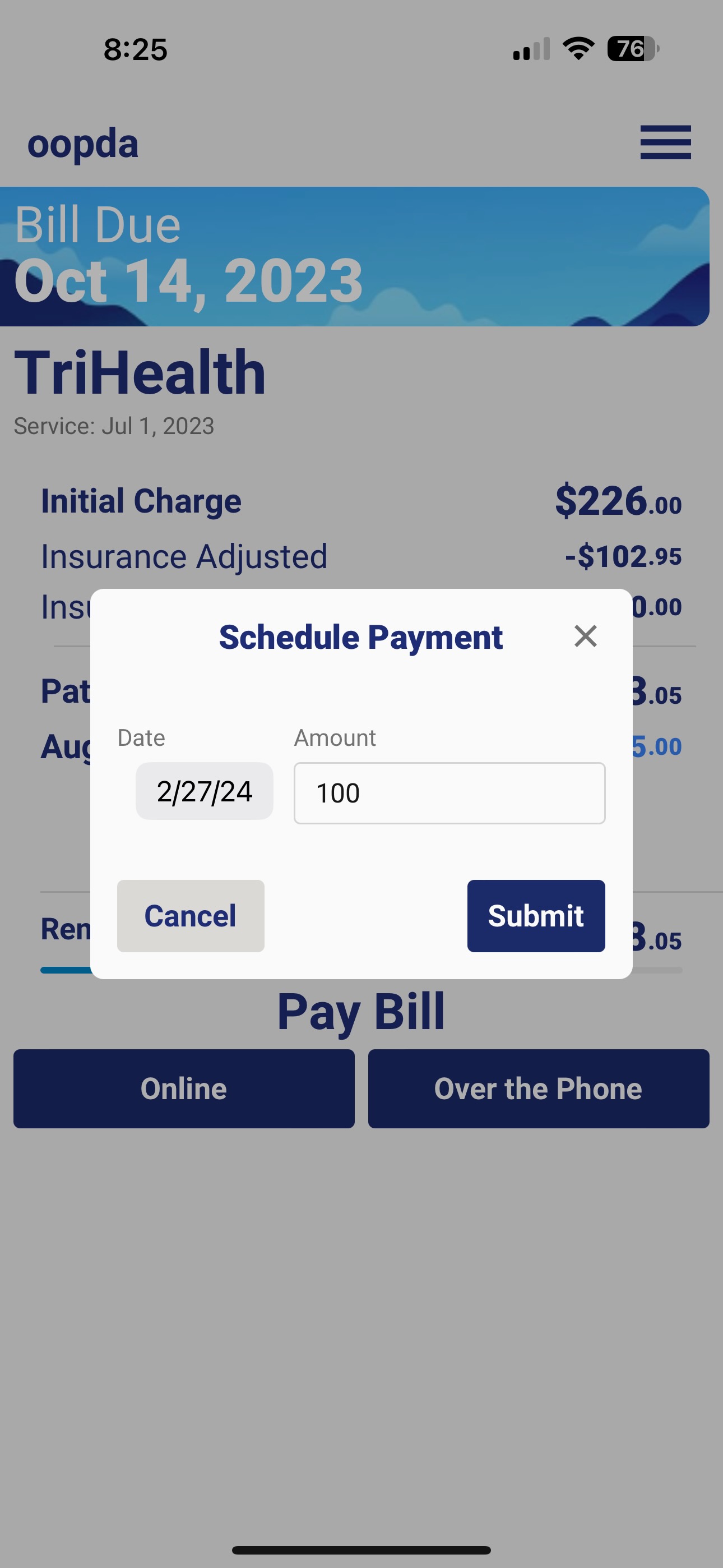 A screen showing the total owed for various bills.