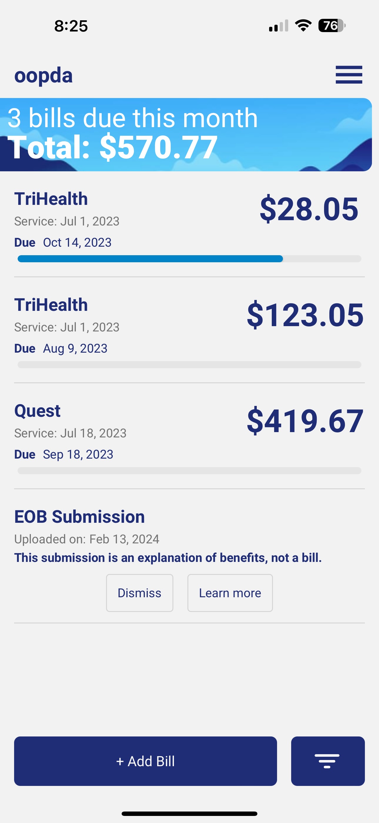 A screen showing the total owed for various bills.