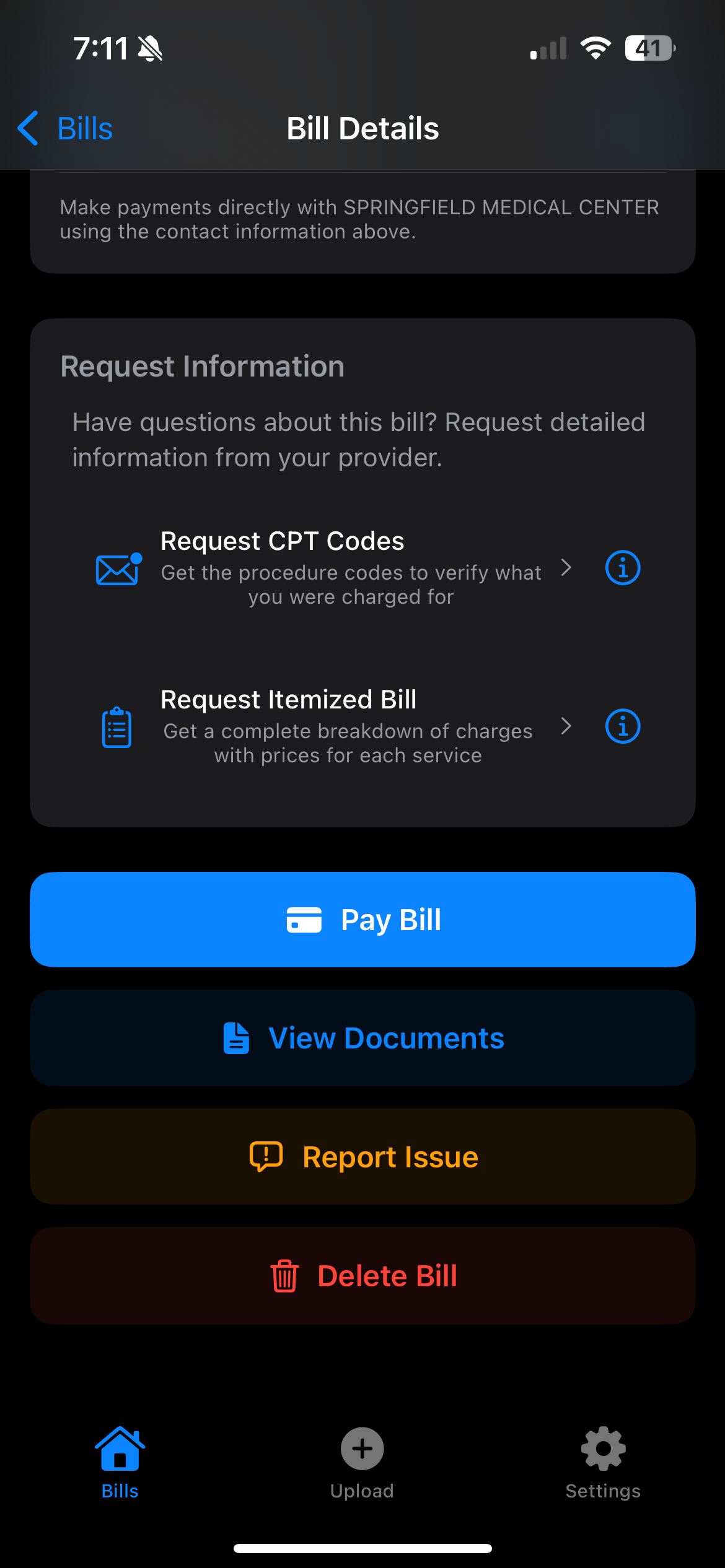 Bill action options screen