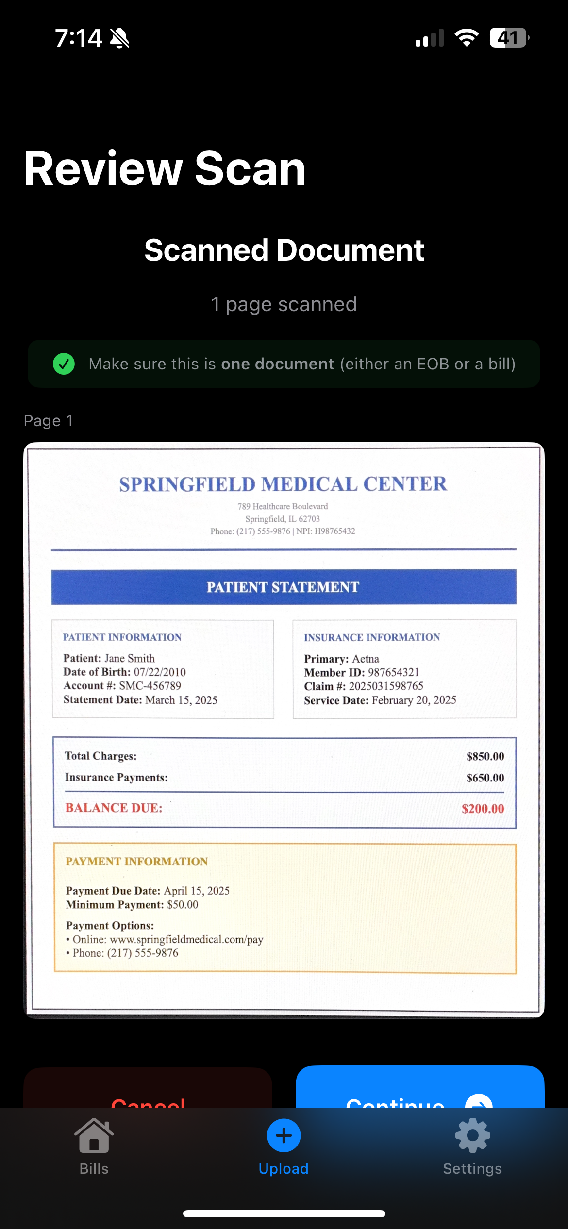 Document scan confirmation screen